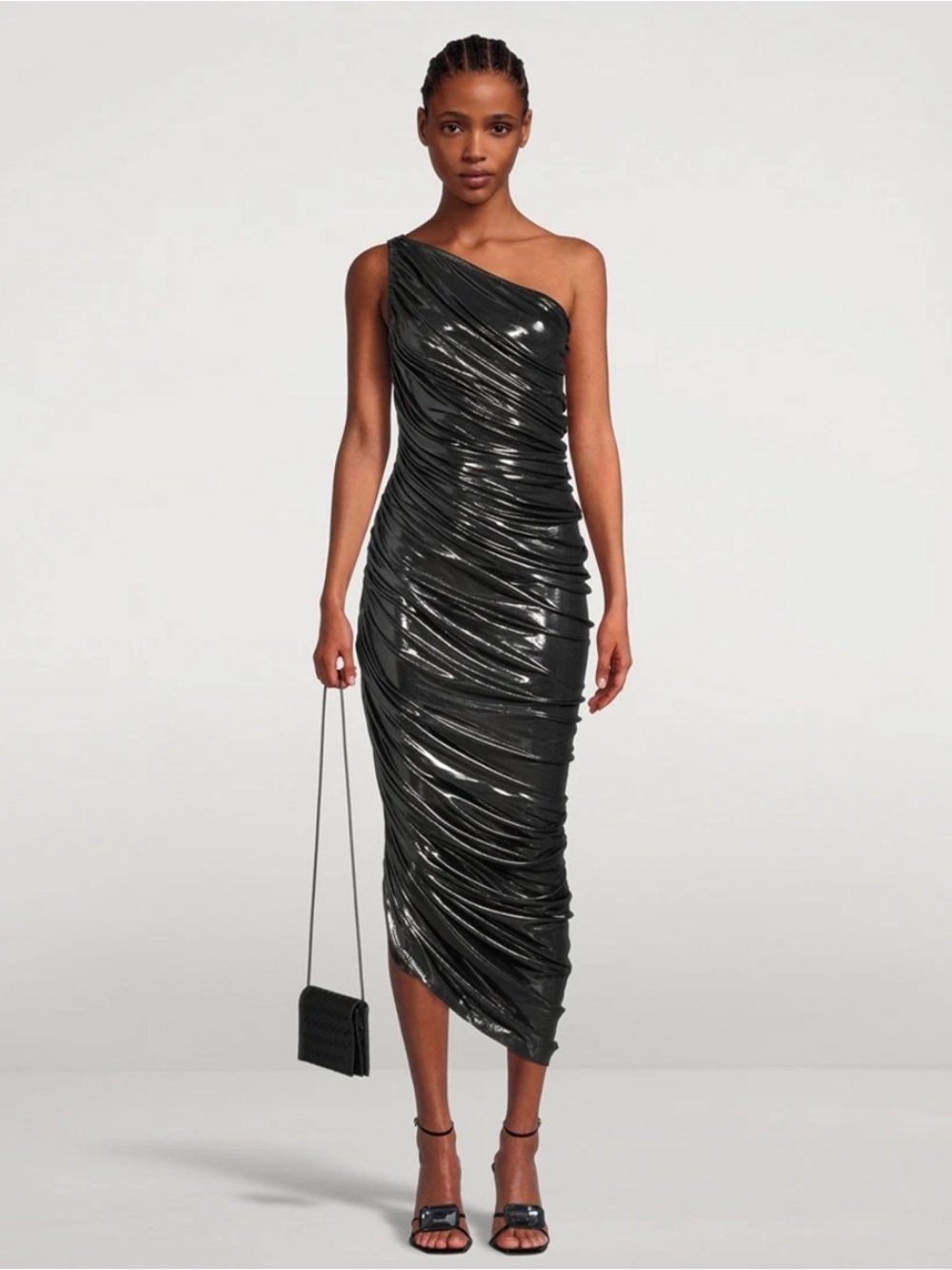 $245 Norma Kamali Diana Gown Bodycon Gunmetal One Shoulder Shirred Black 32 XXS